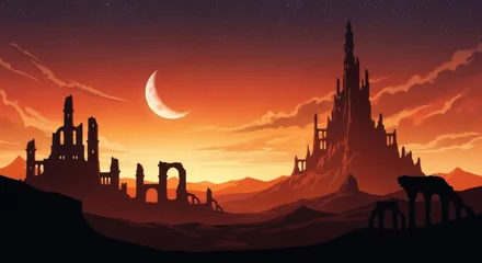  Epic fantasy landscape with a crescent moon over ancient ruins and a dark castle © Maruf