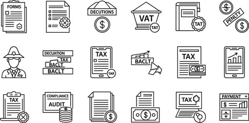 Tax and budgeting line icon set vector illustration. Includes forms, deductions, VAT, bookkeeping, penalty, accountant, bracket, compliance, audit, financial statements and payment tracking symbols.