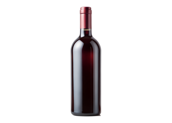 A sleek, dark glass bottle filled with rich red wine, sealed with a red cap isolated on transparent background