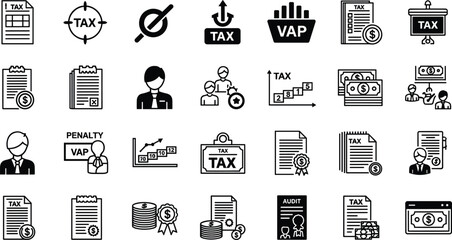 Tax and budgeting line icon set vector illustration. Includes forms, deductions, VAT, bookkeeping, penalty, accountant, bracket, compliance, audit, financial statements and payment tracking symbols.