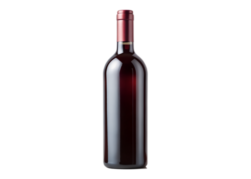 A sleek, dark glass bottle filled with rich red wine, sealed with a red cap isolated on transparent background