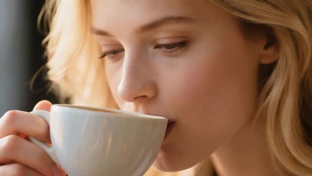 Close-up extremo de una bella mujer rubia, con el cabello cayendo suavemente sobre sus hombros, llevando una taza de café humeante a sus labios
