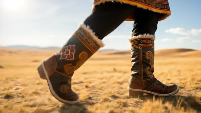 Close-up extremo de las piernas de una mujer mongola caminando, calzada con botas tradicionales de cuero bordado