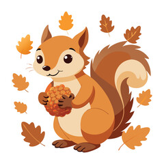 Fototapeta premium Cute squirrel holding nuts surrounded by autumn leaves