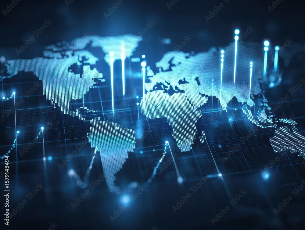 Poster economy forex background concept. digital world map with data visualization elements in blue tones.