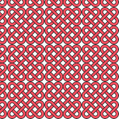 A red Celtic Knot pattern with a black outline on a white background creates a sharp and structured look.