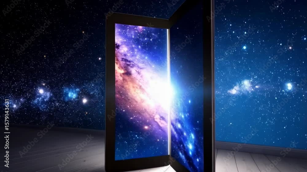 Poster digital tablet displaying a vibrant nebula and shining star, concept of virtual window into space an