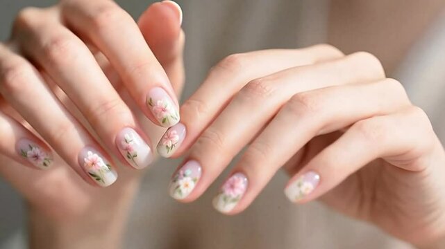Todas las uñas están impecablemente pintadas con un hermoso diseño de flores 