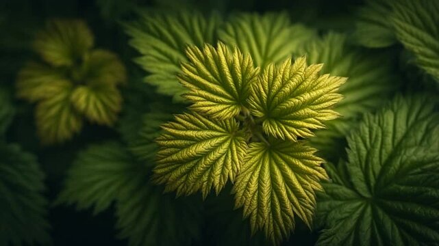 Vibrant Green Leaves Close Up with Intricate Veins and Detailed Textures in a Natural Botanical Setting