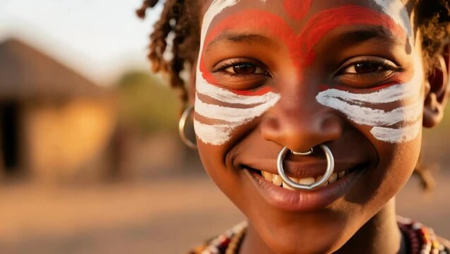 Niña zulú  con patrones tradicionales de pintura facial en blanco y rojo 