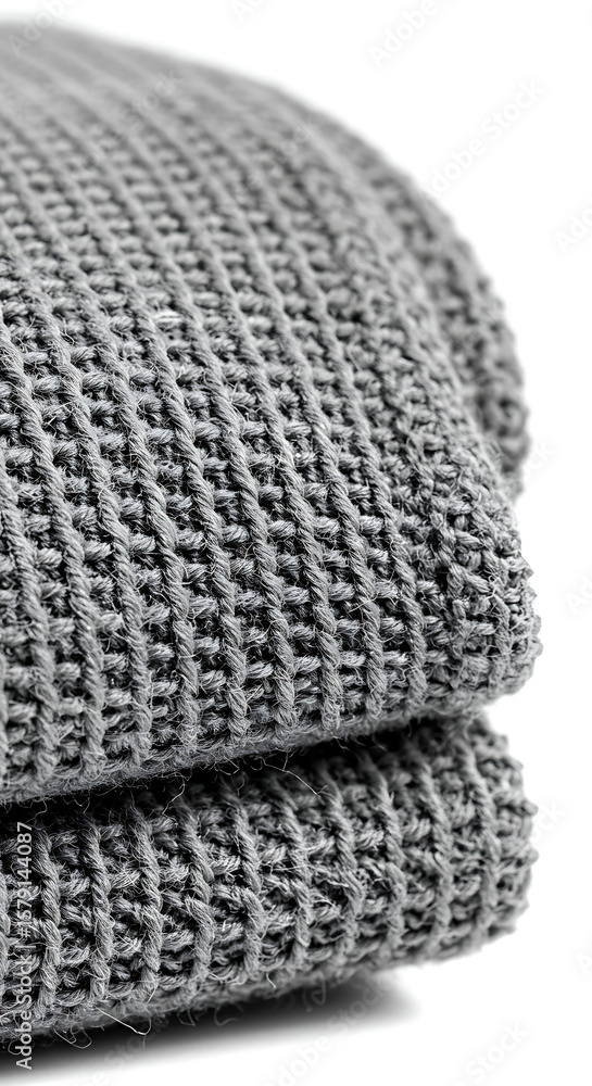 Poster a close-up view of a grey knitted fabric with a distinct textured pattern, showcasing its cozy and d