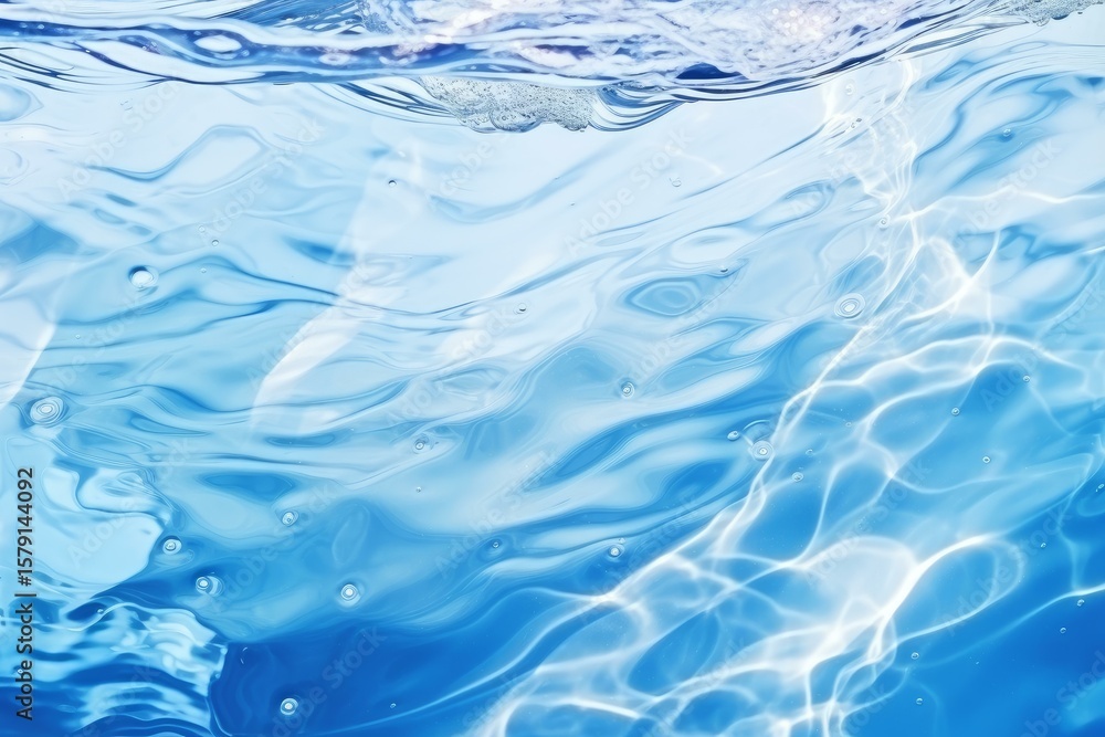 Aufkleber underwater view of pure, rippling water surface with bubbles and sunlight reflections creating a ref