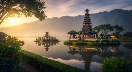 Tranquil scene of a Balinese temple complex reflected in calm lake waters at sunrise, with mountains in the background.