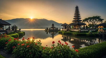 Obraz premium Balinese temples on a serene lake at sunrise, reflecting the golden light.