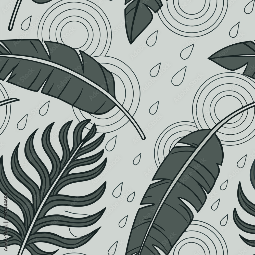 Poster seamless botanical pattern with tropical leaves raindrops and circular lines background