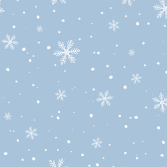 Vector minimalist snowfall seamless pattern. White snowflake and snow dots on blue background. Winter frosty pattern for seasonal packaging, greeting cards, fabric print, festive banner, wallpaper