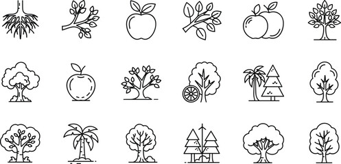 Trees line icon set. Vector pictograms of roots, branches, leaves, fruit, apple, orange, evergreen, tropical, thin linear illustration.