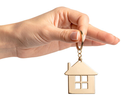  Close-Up of Hand Holding Golden Key with House Keychain, isolated on transparent background