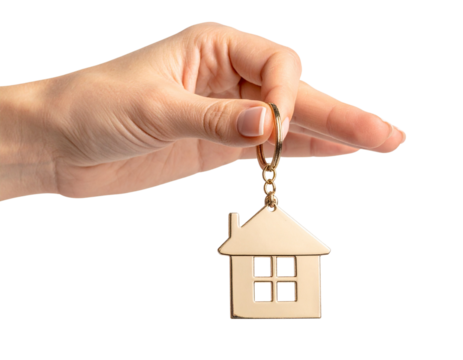  Close-Up of Hand Holding Golden Key with House Keychain, isolated on transparent background