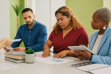 Diverse team collaborating analyzing financial data, reviewing business documents, utilizing technology, and strategizing in modern office environment for future growth together.