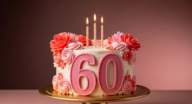 Elegant birthday cake decorated with flowers and number 60 candles