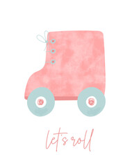 Cute Vector Illustration Of Coral Red Roller Shoe With Blue Wheels. Let's Roll. Big Hand Drawn Pink Roller Skates On A White Background. Nursery Art For Girls. 