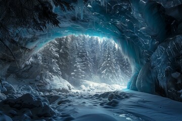 Icicles are hanging from the ceiling of a frozen cave in a snowy forest, creating a magical winter wonderland