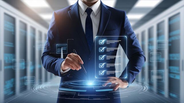 Businessman interacting with a digital checklist interface in a modern server room environment