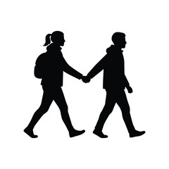 Silhouette of a couple walking hand in hand, isolated on white background
