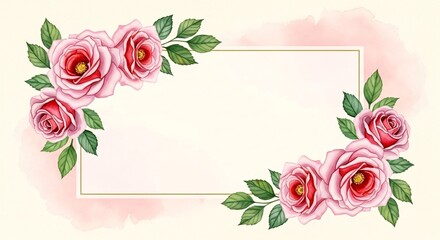 Pink roses floral frame background for a vintage wedding or Valentine's Day love card