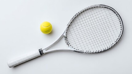A close-up of a tennis racket and ball on a white background for sports and fitness