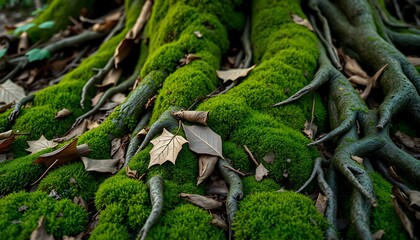 Close-Up of Moss, Leaves, and Tree Roots – Natural Forest Floor Texture