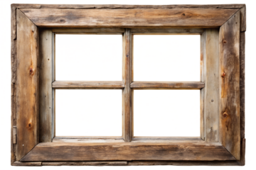 An old, rustic wooden window frame with four panes, isolated on a transparent background