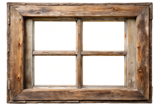 An old, rustic wooden window frame with four panes, isolated on a transparent background