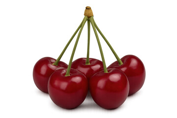 Five shiny, ripe red cherries with green stems arranged in a pyramid shape against a transparent background