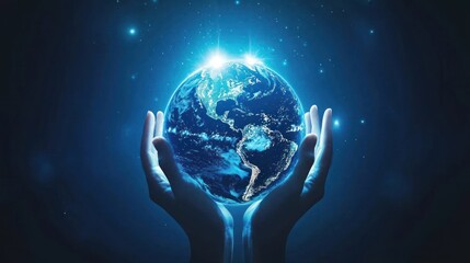 Obraz premium Hands holding the glowing earth night sky background