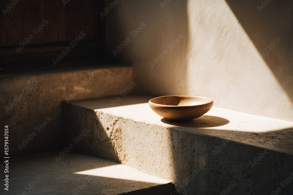 Poster minimalist clay bowl on stone shelf with soft sunlight, creating peaceful and serene atmosphere in q