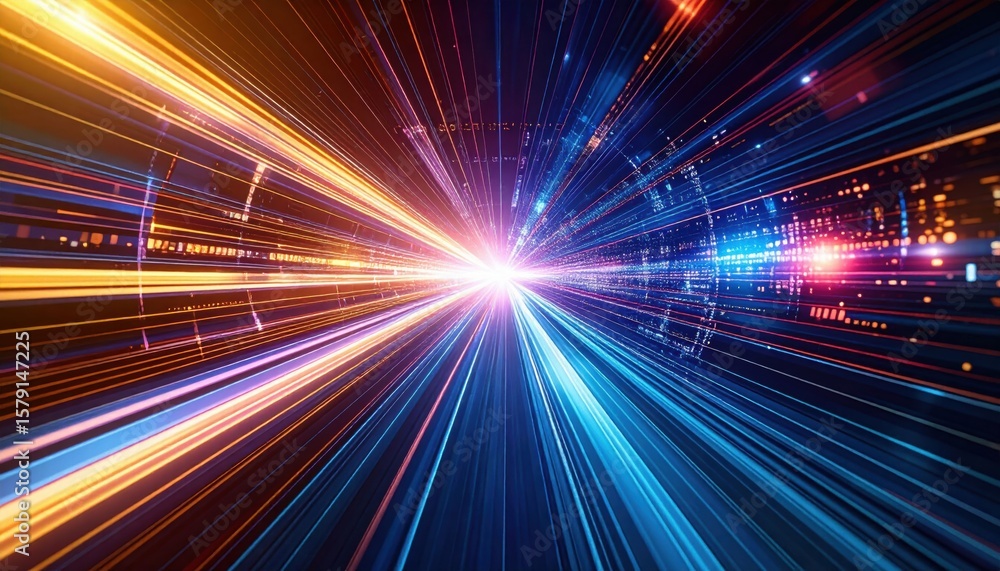 Poster a dynamic burst of multicolored light streaks radiates from a central point, creating a sense of spe