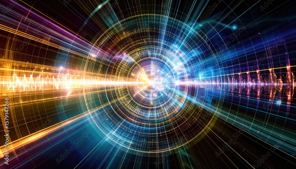 Poster a vibrant digital tunnel of multicolored light beams and concentric circles representing futuristic 