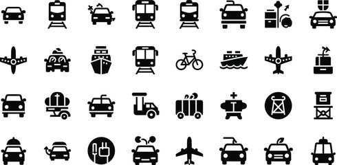 Transportation, vehicle icon set. Vector glyph pictograms of travel, logistics, public transit concepts, car, train, bus, bicycle, boat, and airplane black