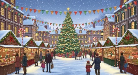 Festive Snowy Christmas Market Scene with Decorated Tree and Stalls