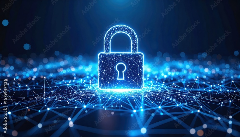 Poster a glowing digital padlock symbolizing cybersecurity and data protection amidst a network of intercon