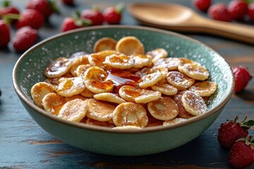 Fototapeta premium Sliced Bananas in Syrup with Fresh Raspberries on a Rustic Table