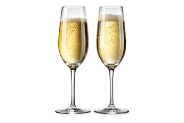 Two elegant champagne flutes filled with bubbly golden liquid, ready for a celebration, isolated on white isolated on transparent background