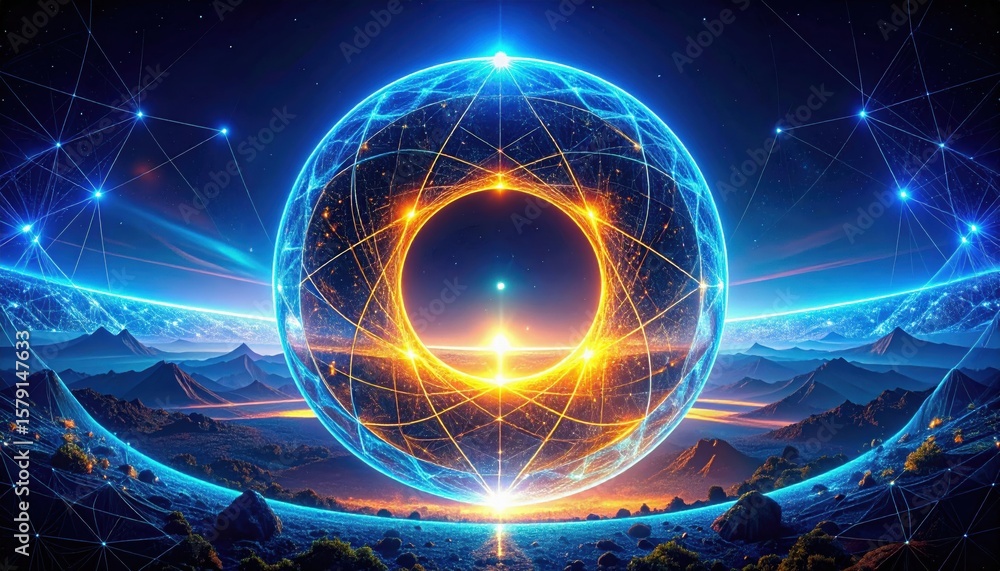 Poster a glowing spherical energy structure floats above a mountainous landscape, surrounded by a network o