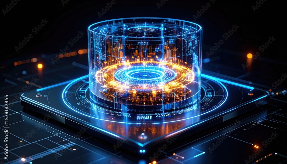 Poster a glowing, futuristic digital hologram projecting a complex circular interface above a sleek black p