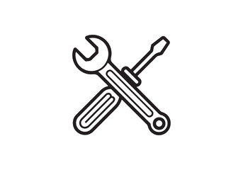 Simple black line art illustration of a wrench and screwdriver crossed isolated on white background