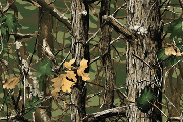 Hunting and military-ready seamless camouflage pattern featuring forest elements in a RealTree-inspired design.
