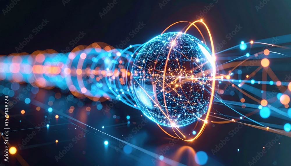 Aufkleber a glowing digital globe surrounded by interconnected bright particles and light trails, symbolizing 