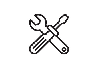 Simple black line art icon of a wrench and screwdriver crossed together isolated on white background
